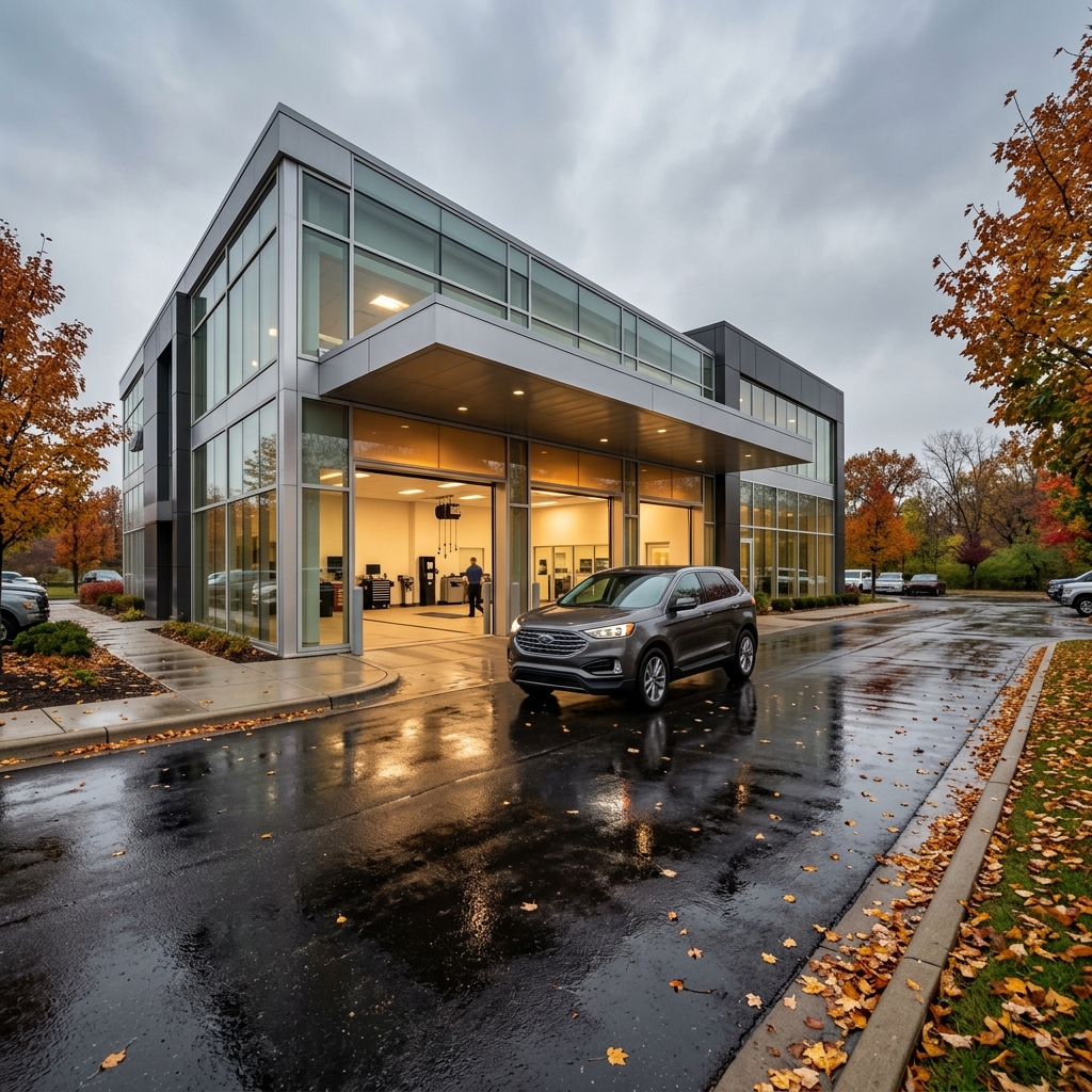 A grey SUV parked on wet pavement outside a modern glass car dealership service center during autumn. (Representative image for illustration purposes only. Actual vehicle may vary based on trim and configuration.)