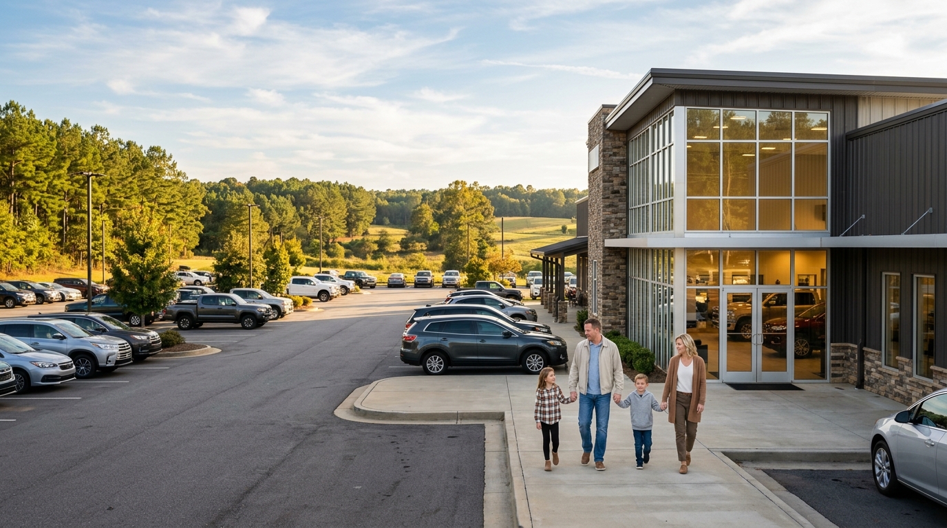 A family of four walking hand-in-hand along a sidewalk in front of a modern car dealership. (Representative image for illustration purposes only. Actual vehicle may vary based on trim and configuration.)