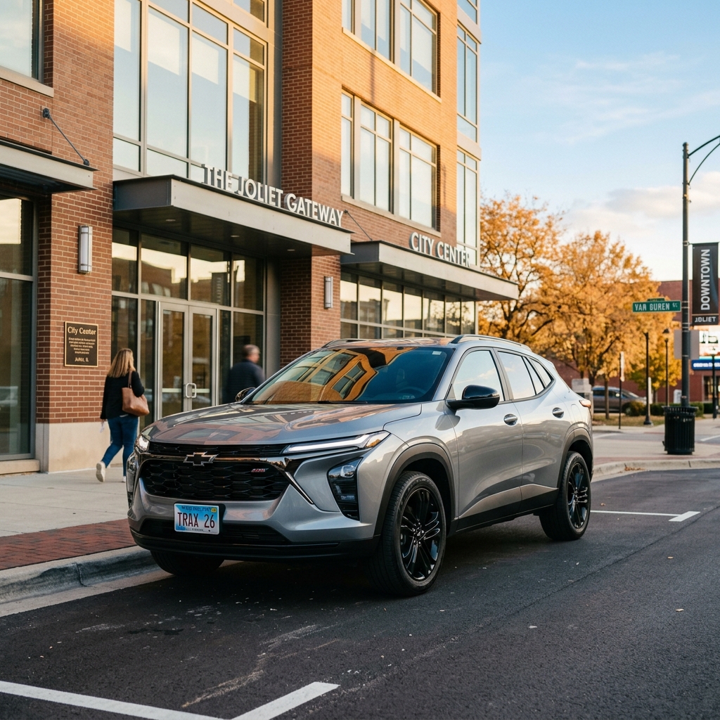 Silver Chevrolet Trax parked on an urban street in front of the Joliet Gateway building during autumn. (Representative image for illustration purposes only. Actual vehicle may vary based on trim and configuration.)
