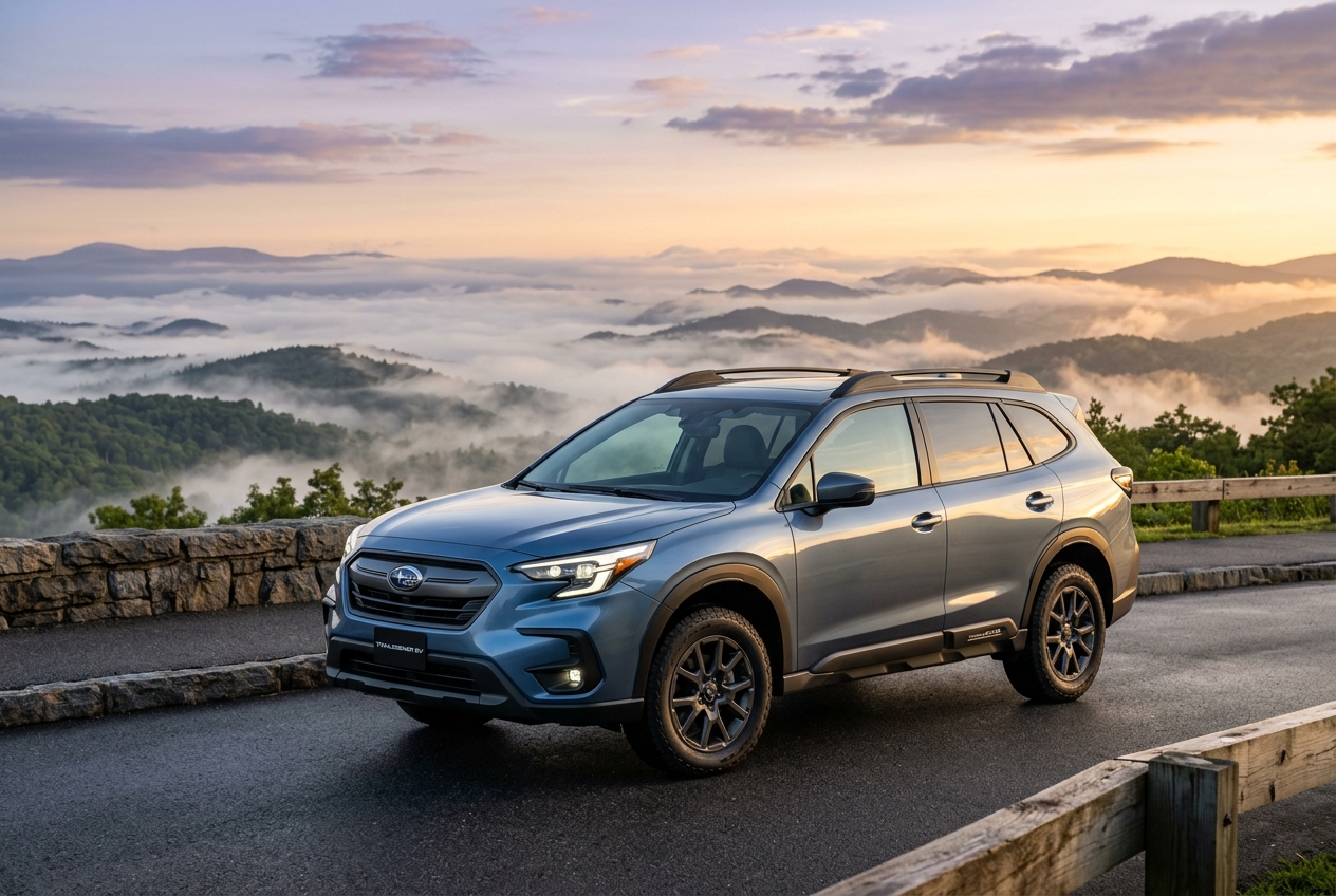 Light blue Subaru SUV parked on a scenic mountain road overlook above a sea of clouds at sunrise. (Representative image for illustration purposes only. Actual vehicle may vary based on trim and configuration.)