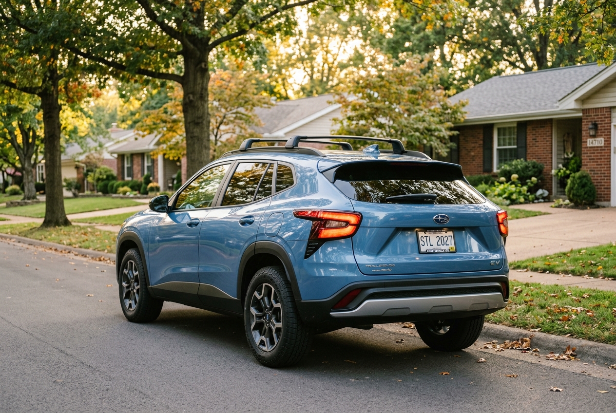 Rear view of a light blue crossover SUV parked along a suburban residential street lined with trees in autumn. (Representative image for illustration purposes only. Actual vehicle may vary based on trim and configuration.)