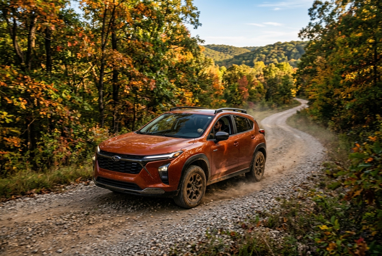 An orange Subaru Crosstrek driving on a winding gravel dirt road through an autumn forest. (Representative image for illustration purposes only. Actual vehicle may vary based on trim and configuration.)
