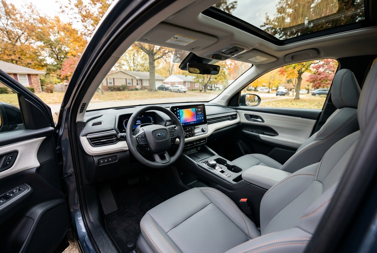 Interior view of a modern Subaru SUV featuring light gray leather seats, a large infotainment screen, and open sunroof. (Representative image for illustration purposes only. Actual vehicle may vary based on trim and configuration.)