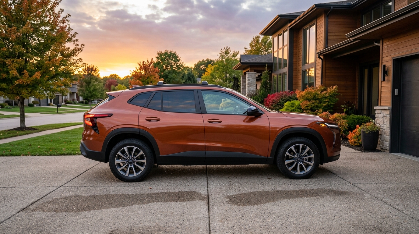 Side profile of a metallic orange SUV parked in the driveway of a modern house at sunset. (Representative image for illustration purposes only. Actual vehicle may vary based on trim and configuration.)