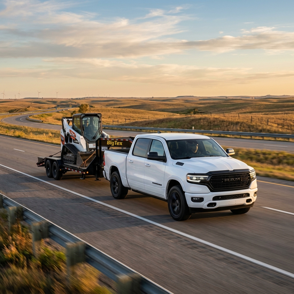 A white Ram pickup truck towing a BigTex trailer with a Bobcat track loader along a rural highway at sunset. (Representative image for illustration purposes only. Actual vehicle may vary based on trim and configuration.)