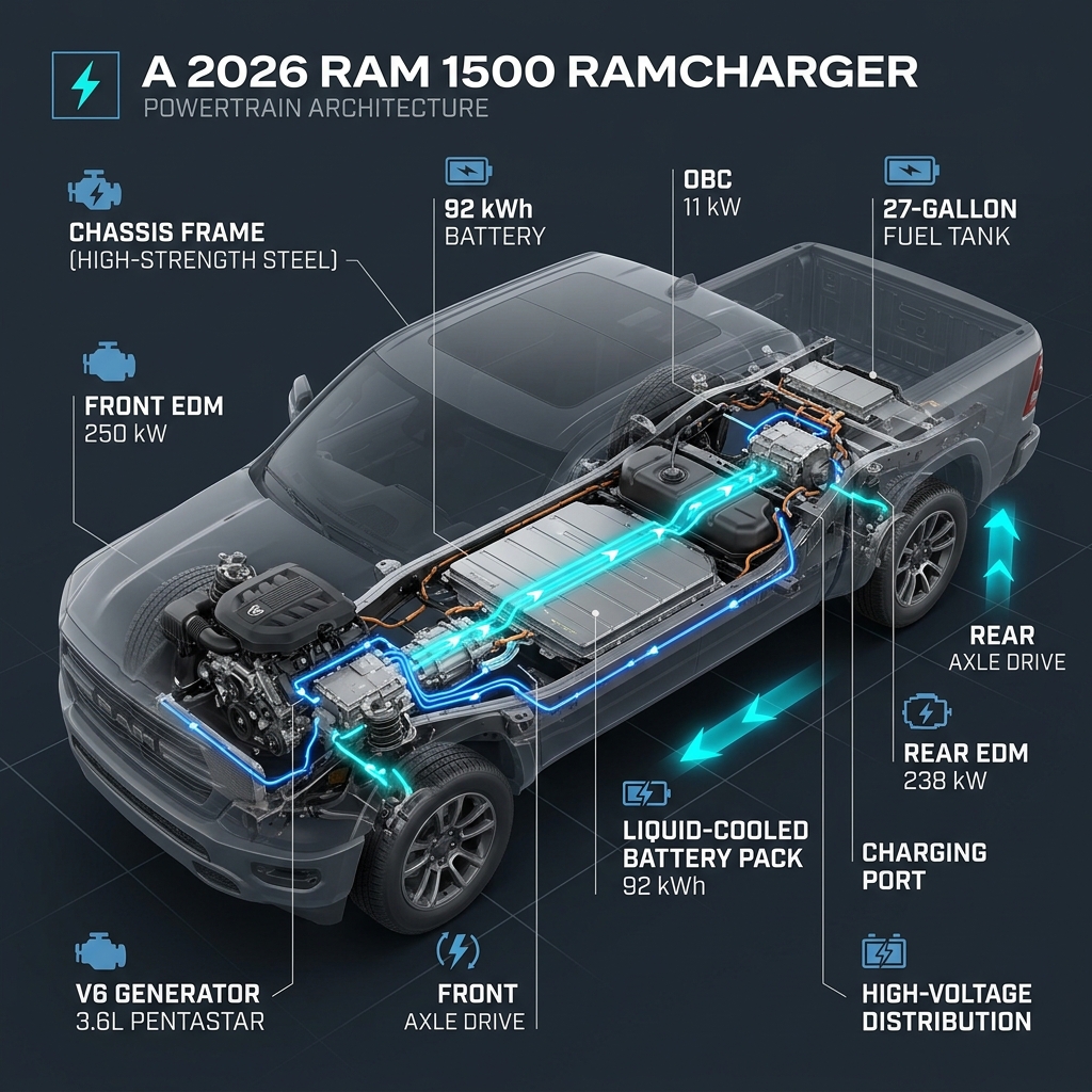 Detailed cutaway diagram displaying the powertrain architecture and components of a 2026 Ram 1500 Ramcharger truck. (Representative image for illustration purposes only. Actual vehicle may vary based on trim and configuration.)