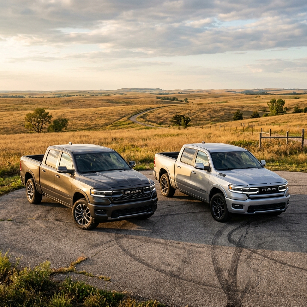 Two modern RAM pickup trucks parked side by side on a paved rural road overlooking rolling golden hills. (Representative image for illustration purposes only. Actual vehicle may vary based on trim and configuration.)