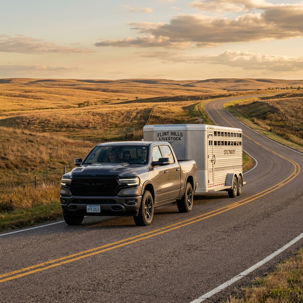 A grey Ram pickup truck towing a livestock trailer on a winding rural road through golden rolling hills. (Representative image for illustration purposes only. Actual vehicle may vary based on trim and configuration.)