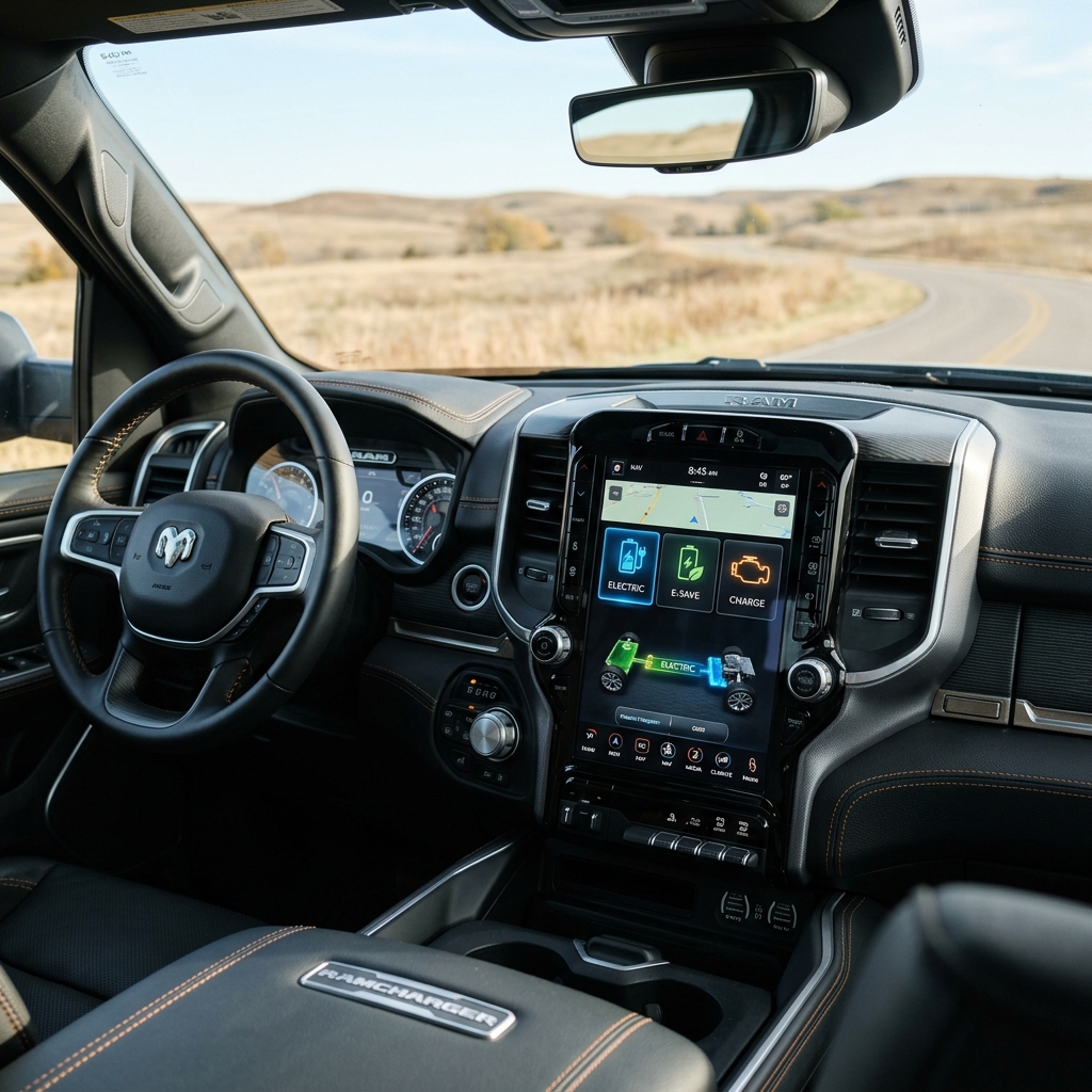 Interior of a Ramcharger truck featuring a large infotainment touchscreen displaying electric vehicle driving modes. (Representative image for illustration purposes only. Actual vehicle may vary based on trim and configuration.)