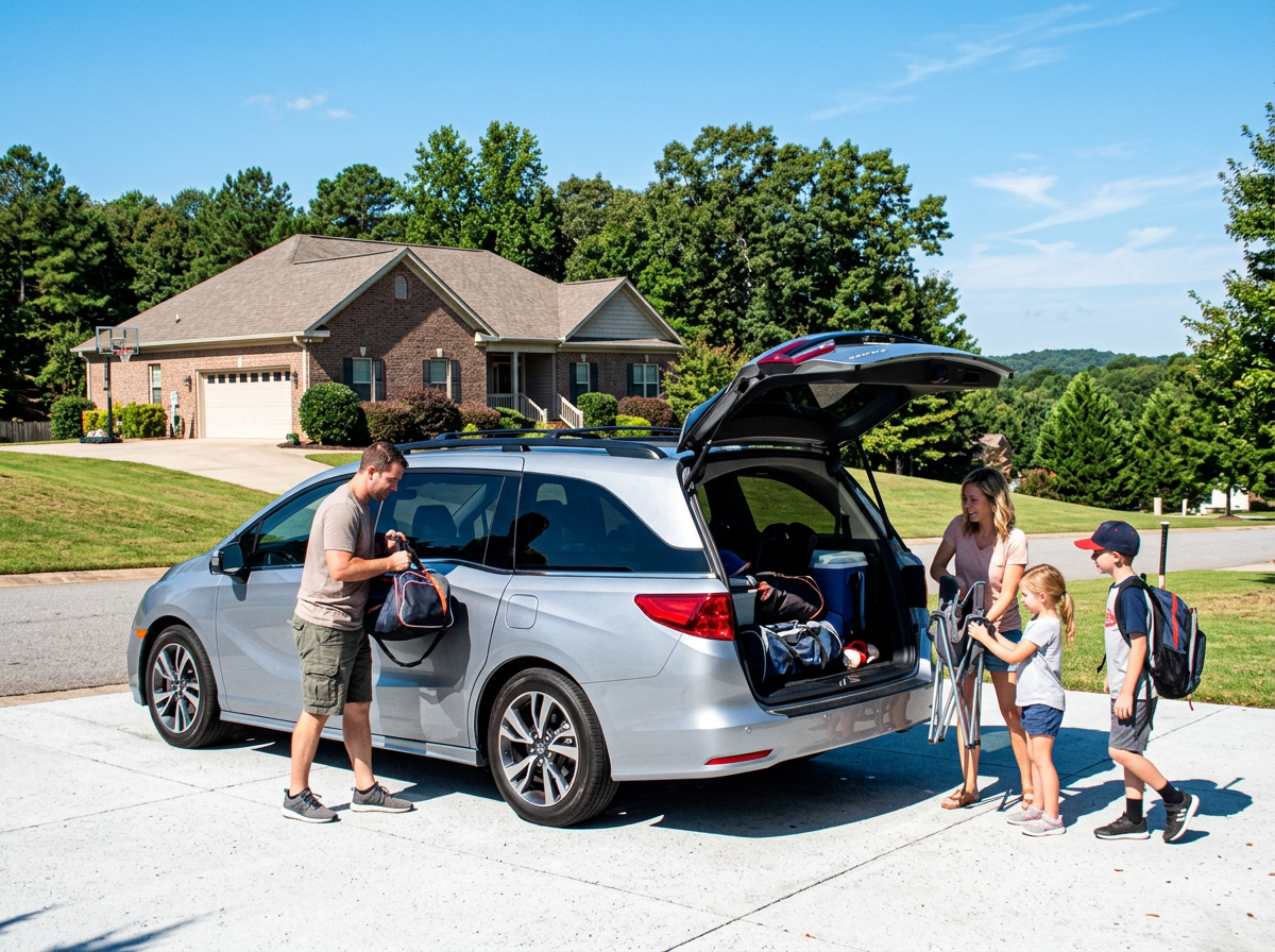 Family of four packing luggage, camping chairs, and bags into a silver minivan in a suburban driveway. (Representative image for illustration purposes only. Actual vehicle may vary based on trim and configuration.)