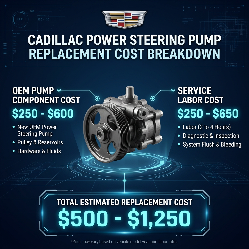 Infographic showing Cadillac power steering pump replacement costs ranging from $500 to $1,250 total. (Representative image for illustration purposes only. Actual vehicle may vary based on trim and configuration.)