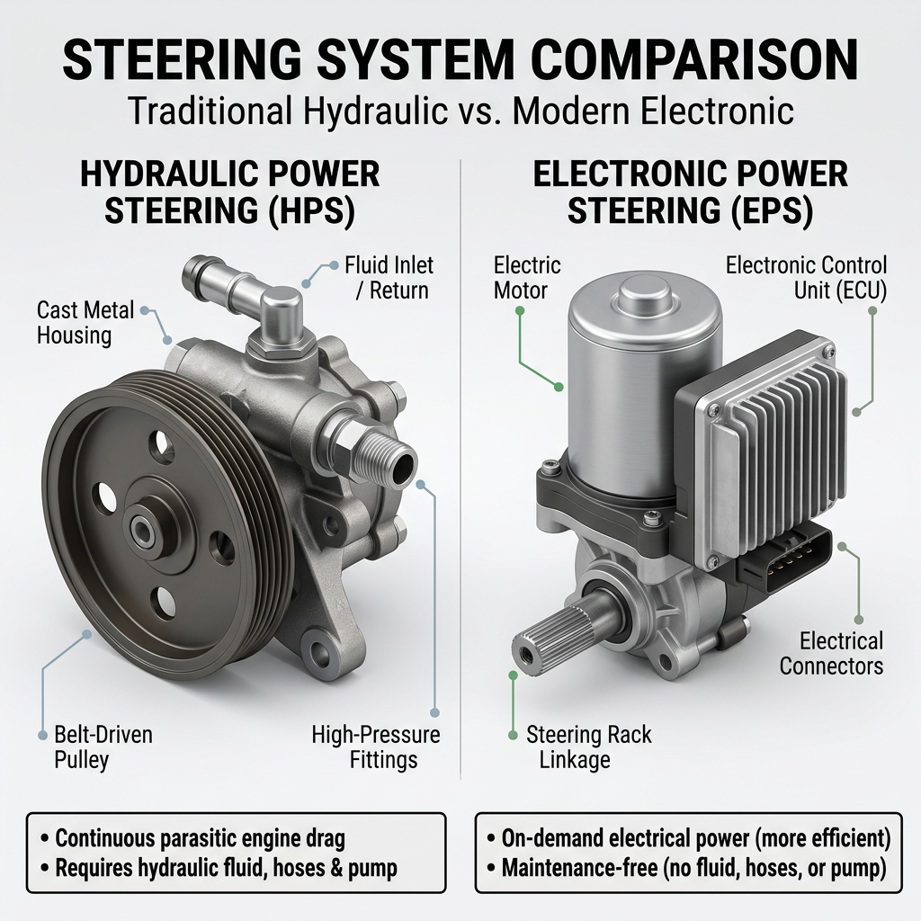 Diagram comparing hydraulic power steering pump and electronic power steering motor assembly with component labels. (Representative image for illustration purposes only. Actual vehicle may vary based on trim and configuration.)