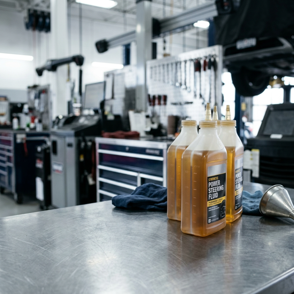 Three bottles of synthetic power steering fluid and a metal funnel on a workbench in an auto repair shop. (Representative image for illustration purposes only. Actual vehicle may vary based on trim and configuration.)
