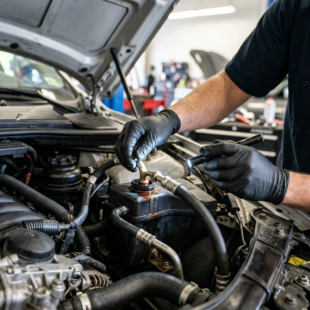 Mechanic wearing black gloves using a penlight to inspect a fluid hose connected to a car engine reservoir. (Representative image for illustration purposes only. Actual vehicle may vary based on trim and configuration.)