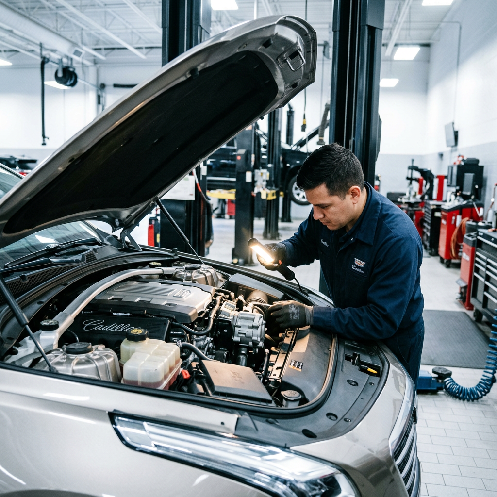 Automotive technician using an inspection light to examine the open engine bay of a Cadillac car in a service shop. (Representative image for illustration purposes only. Actual vehicle may vary based on trim and configuration.)