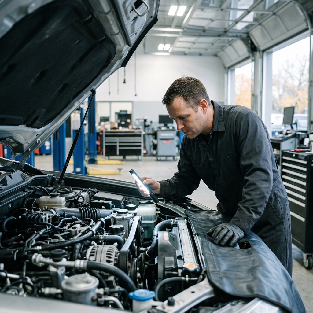 Mechanic holding a handheld LED flashlight while inspecting a car engine under the open hood in an auto repair shop. (Representative image for illustration purposes only. Actual vehicle may vary based on trim and configuration.)