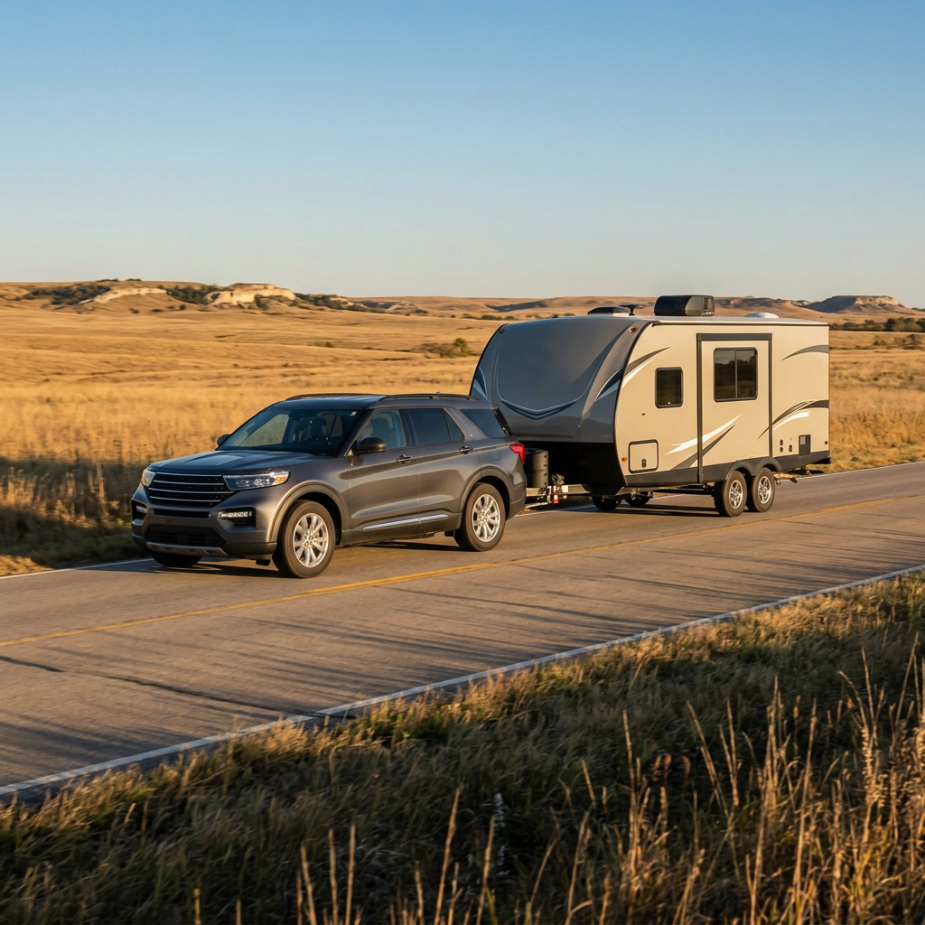 Dark gray SUV towing a tan travel trailer along a paved road through golden prairie fields. (Representative image for illustration purposes only. Actual vehicle may vary based on trim and configuration.)
