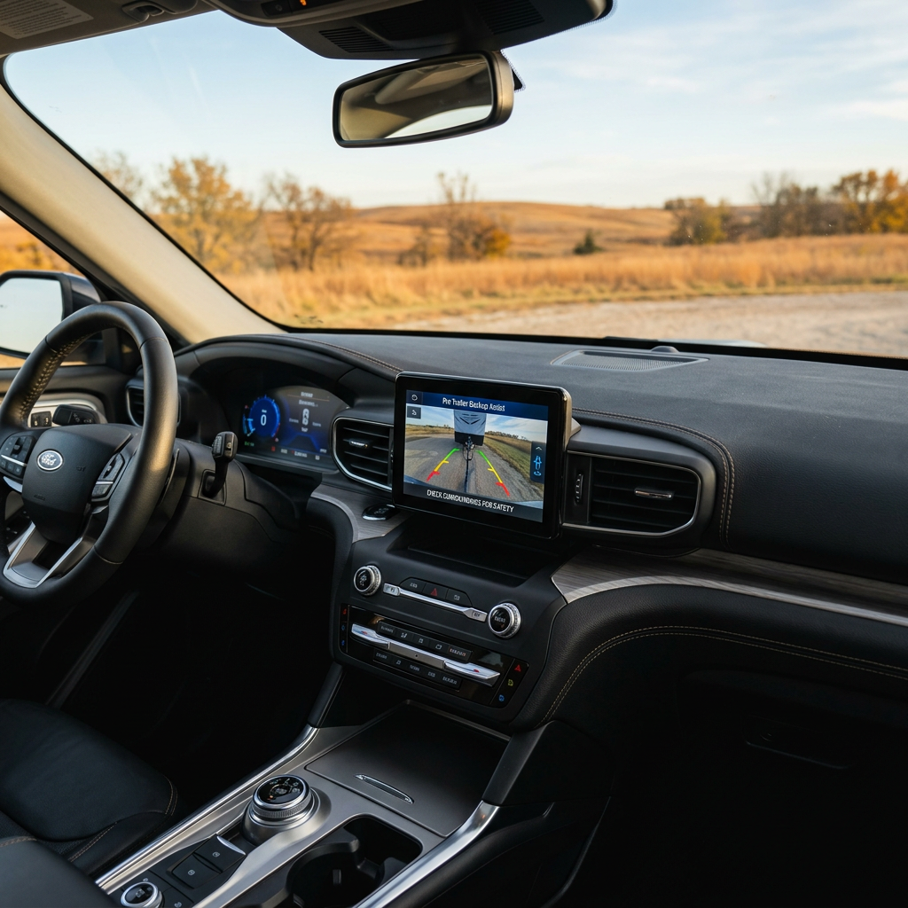 Interior view of a Ford SUV dashboard displaying a trailer backup assist screen facing a rural field. (Representative image for illustration purposes only. Actual vehicle may vary based on trim and configuration.)