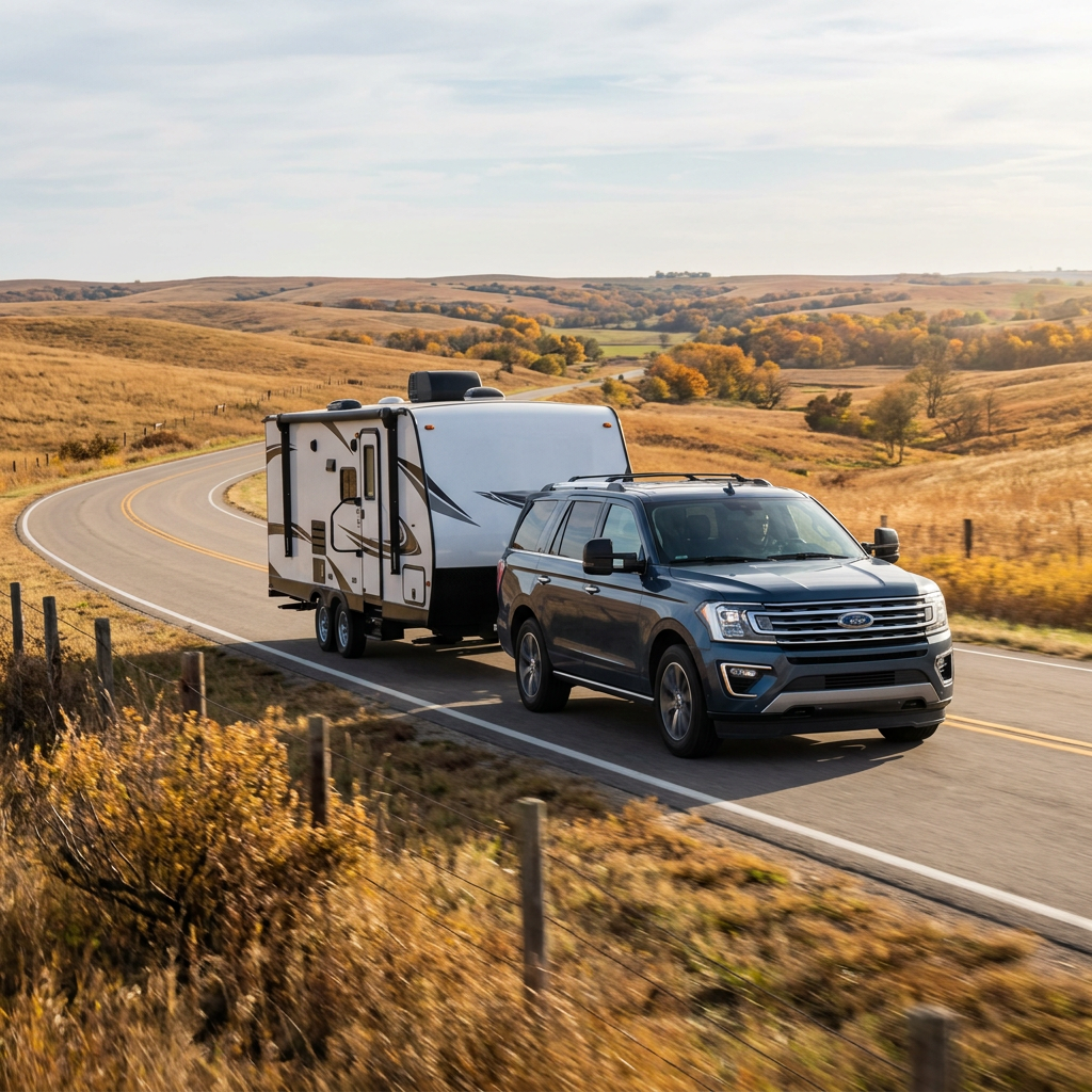 A blue Ford Expedition SUV towing a white camper trailer down a winding rural road through rolling hills. (Representative image for illustration purposes only. Actual vehicle may vary based on trim and configuration.)