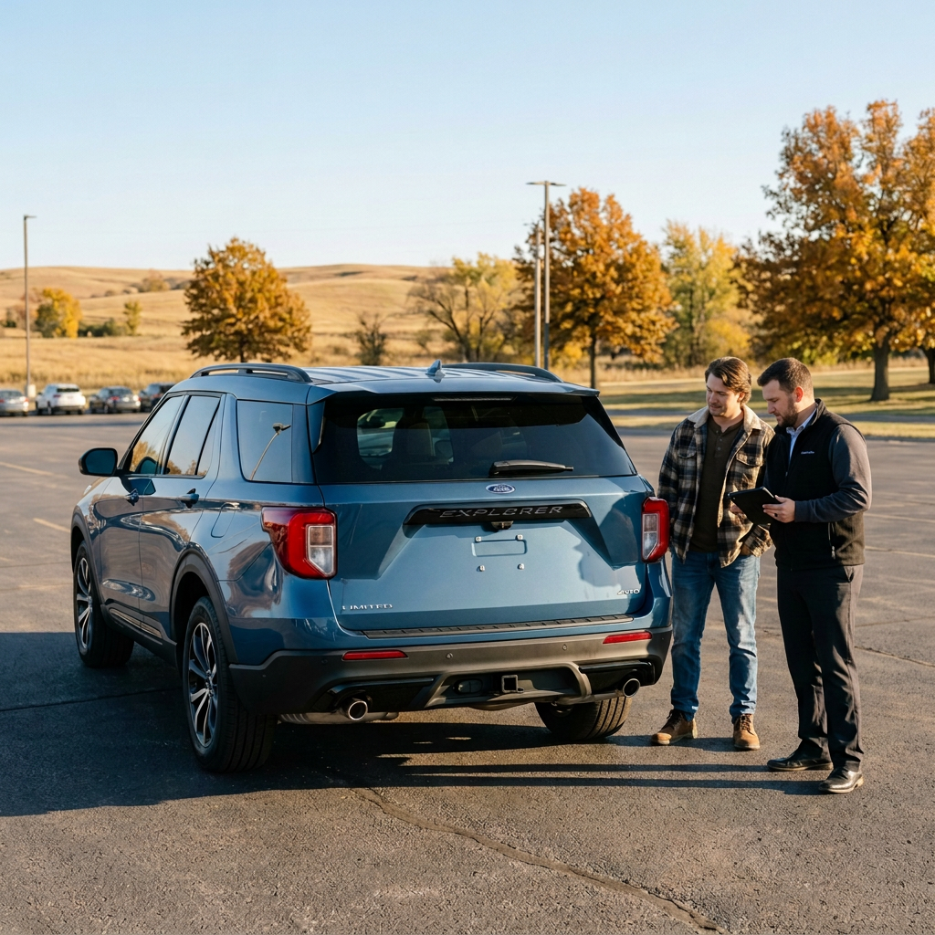 Two men standing near the rear of a blue Ford Explorer in a parking lot, one looking at a tablet. (Representative image for illustration purposes only. Actual vehicle may vary based on trim and configuration.)