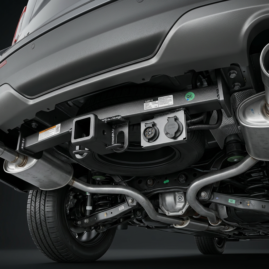 Underside view of a vehicle featuring a Class IV trailer hitch receiver, dual trailer wiring ports, and spare tire. (Representative image for illustration purposes only. Actual vehicle may vary based on trim and configuration.)