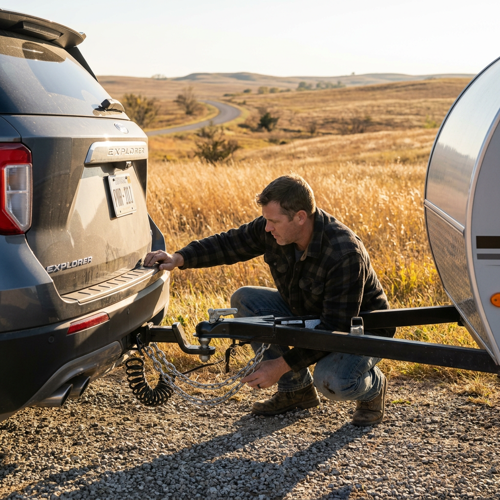 Man kneeling behind a grey SUV connecting safety chains to a teardrop trailer hitch on a rural road. (Representative image for illustration purposes only. Actual vehicle may vary based on trim and configuration.)