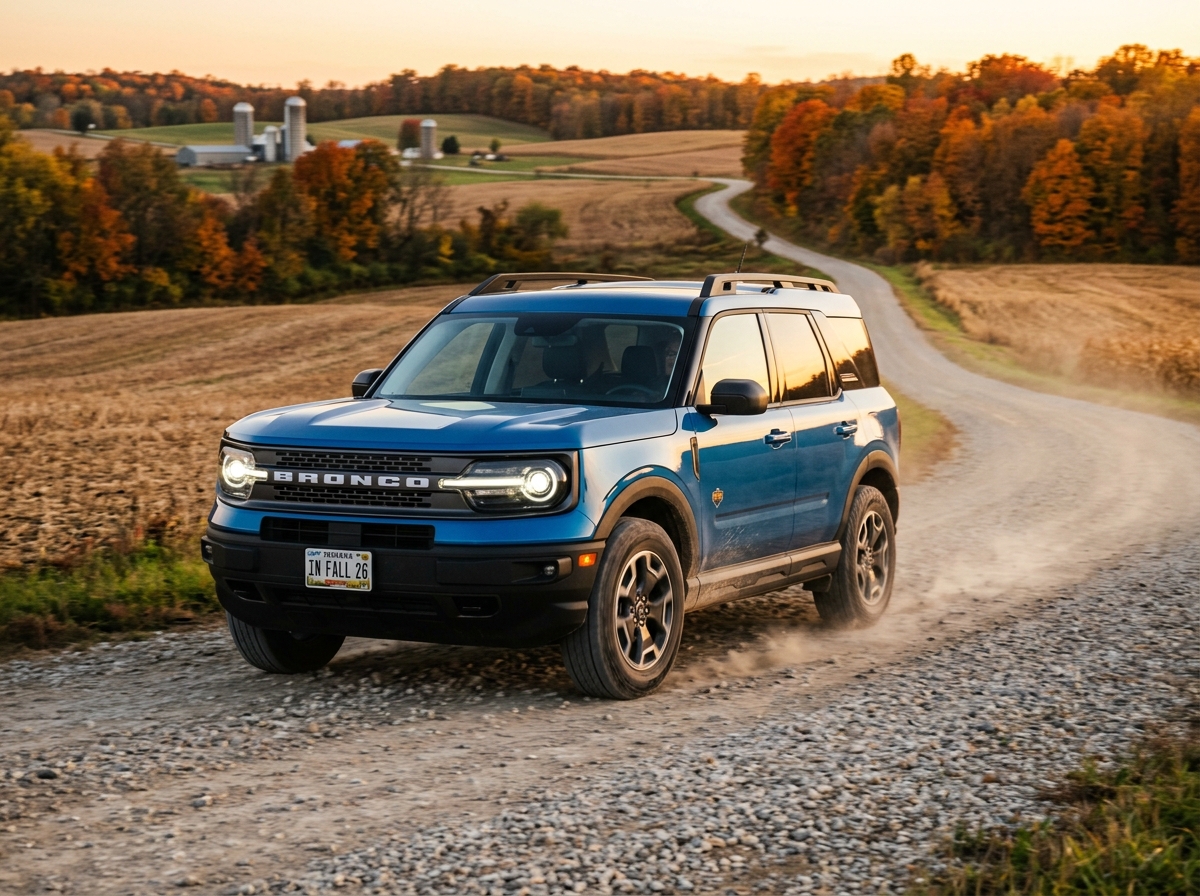 A blue Ford Bronco Sport driving along a gravel road surrounded by autumn trees and farm fields. (Representative image for illustration purposes only. Actual vehicle may vary based on trim and configuration.)