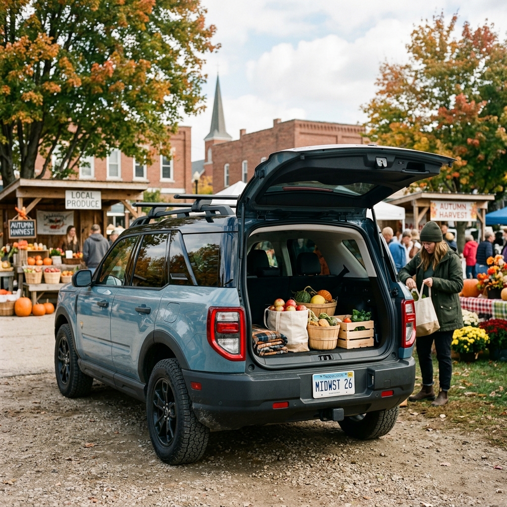 Blue SUV with an open trunk filled with fresh autumn produce parked at a rustic outdoor farmers market. (Representative image for illustration purposes only. Actual vehicle may vary based on trim and configuration.)