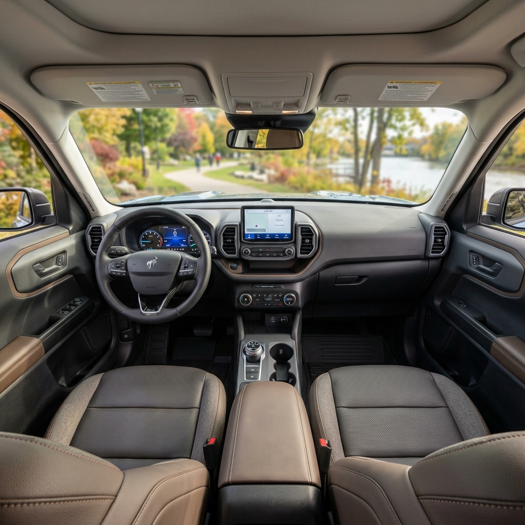 Interior of a modern SUV featuring two-tone brown leather seats, a central touchscreen, and an autumn park view. (Representative image for illustration purposes only. Actual vehicle may vary based on trim and configuration.)