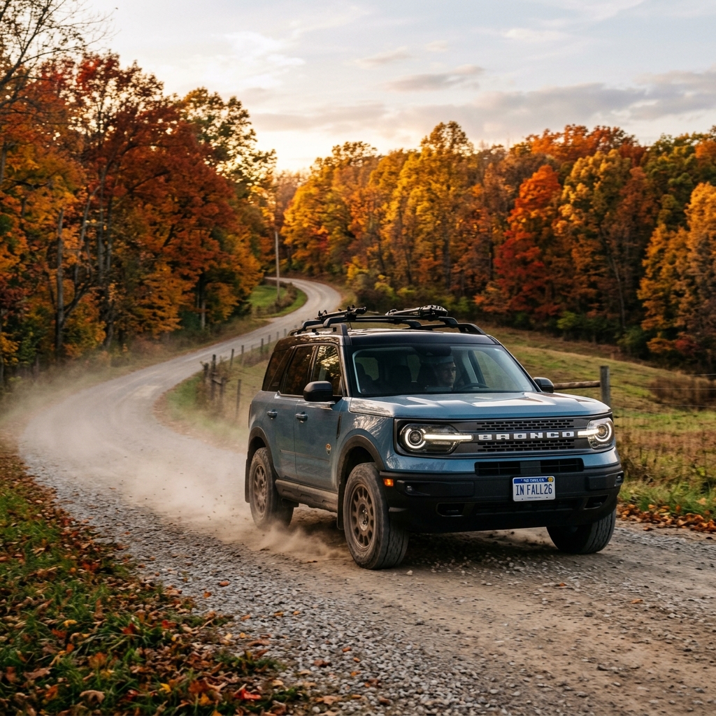 Blue Ford Bronco Sport driving on a dirt road kicking up dust amidst colorful autumn trees. (Representative image for illustration purposes only. Actual vehicle may vary based on trim and configuration.)