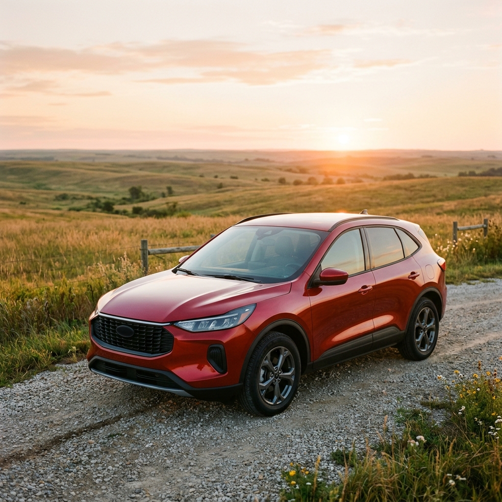 Red crossover SUV parked on a gravel country road with rolling hills and a warm sunset in the background. (Representative image for illustration purposes only. Actual vehicle may vary based on trim and configuration.)