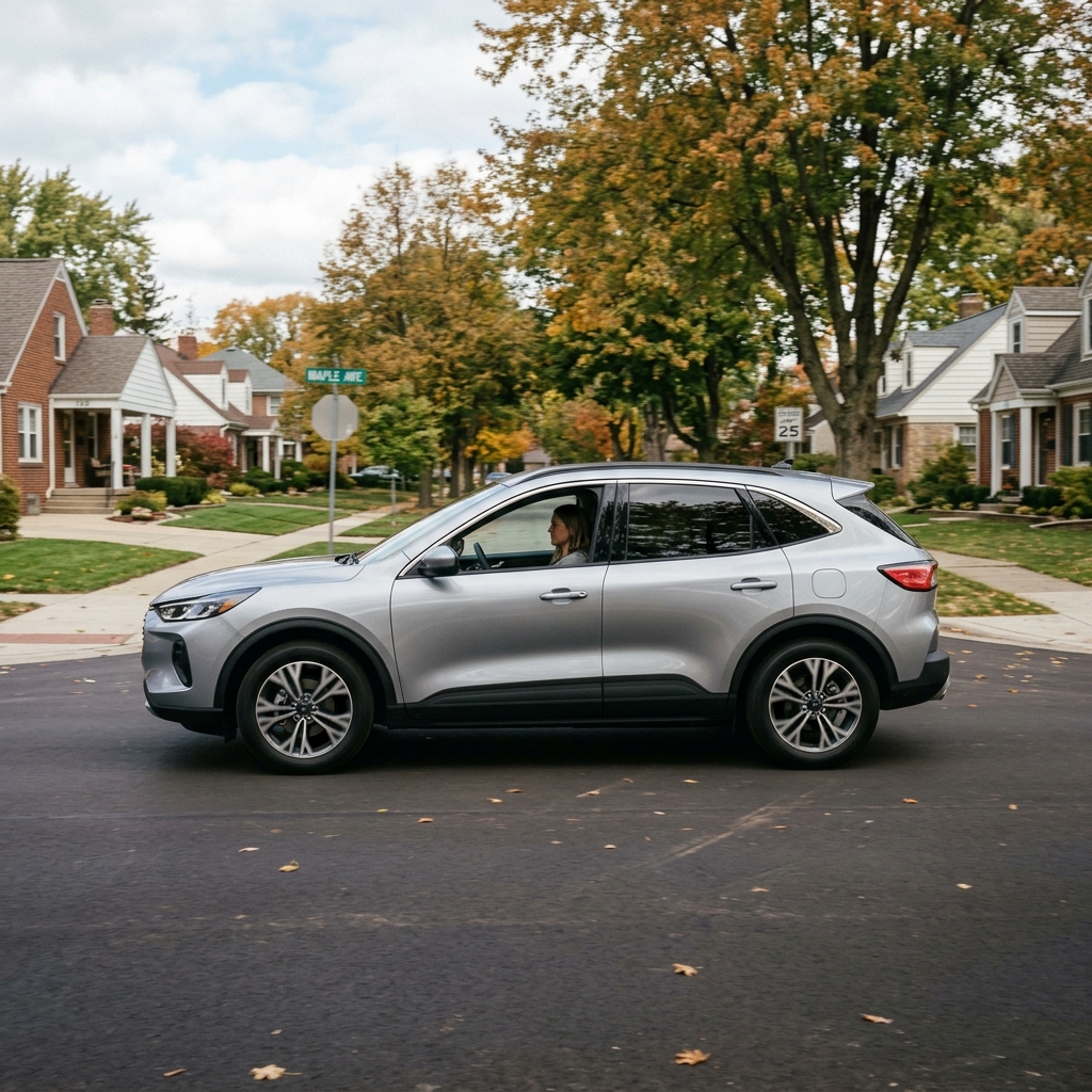 Side profile of a silver SUV driving down a suburban street lined with autumn trees and brick houses. (Representative image for illustration purposes only. Actual vehicle may vary based on trim and configuration.)
