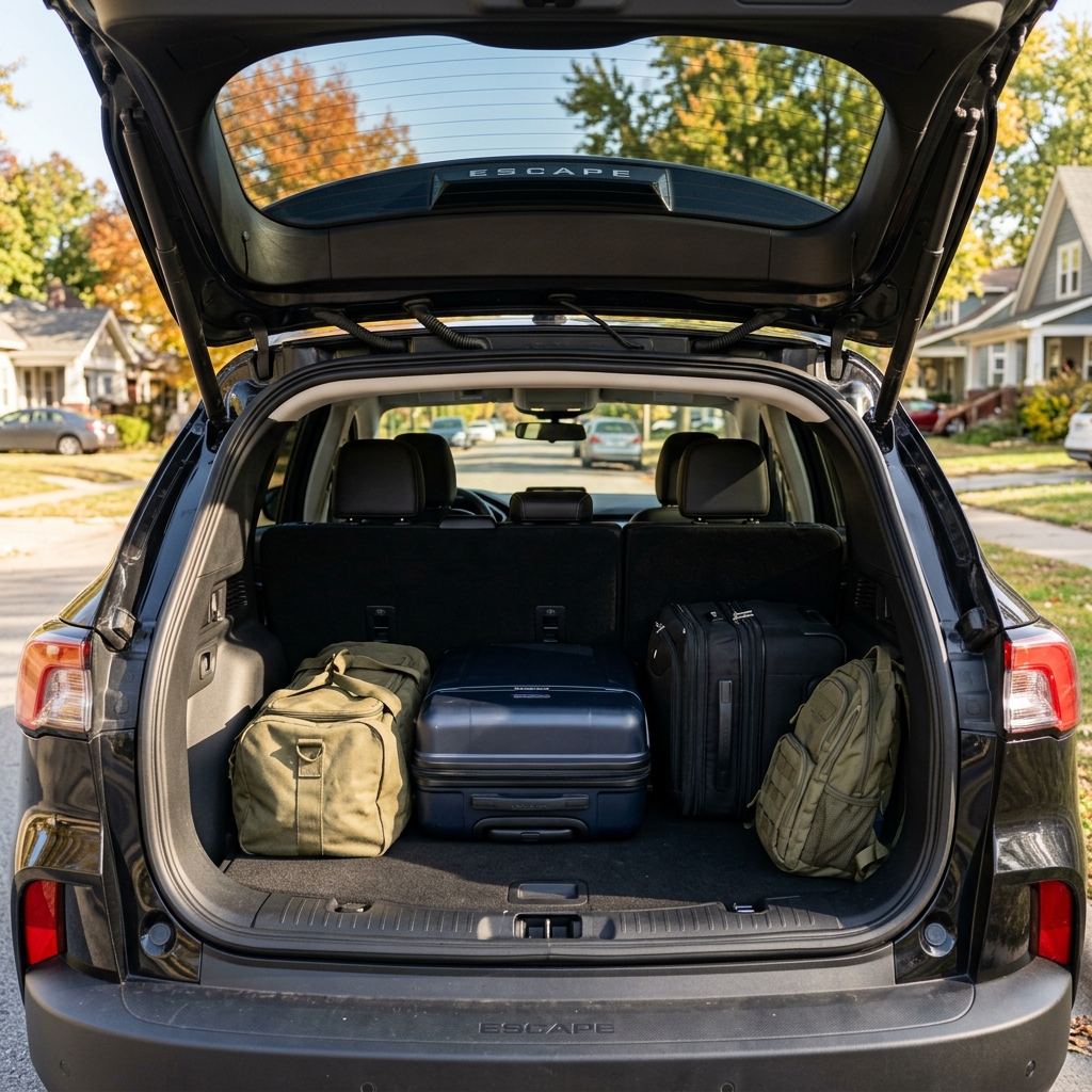 Open trunk of a black Ford Escape packed with four pieces of luggage and backpacks for a road trip. (Representative image for illustration purposes only. Actual vehicle may vary based on trim and configuration.)