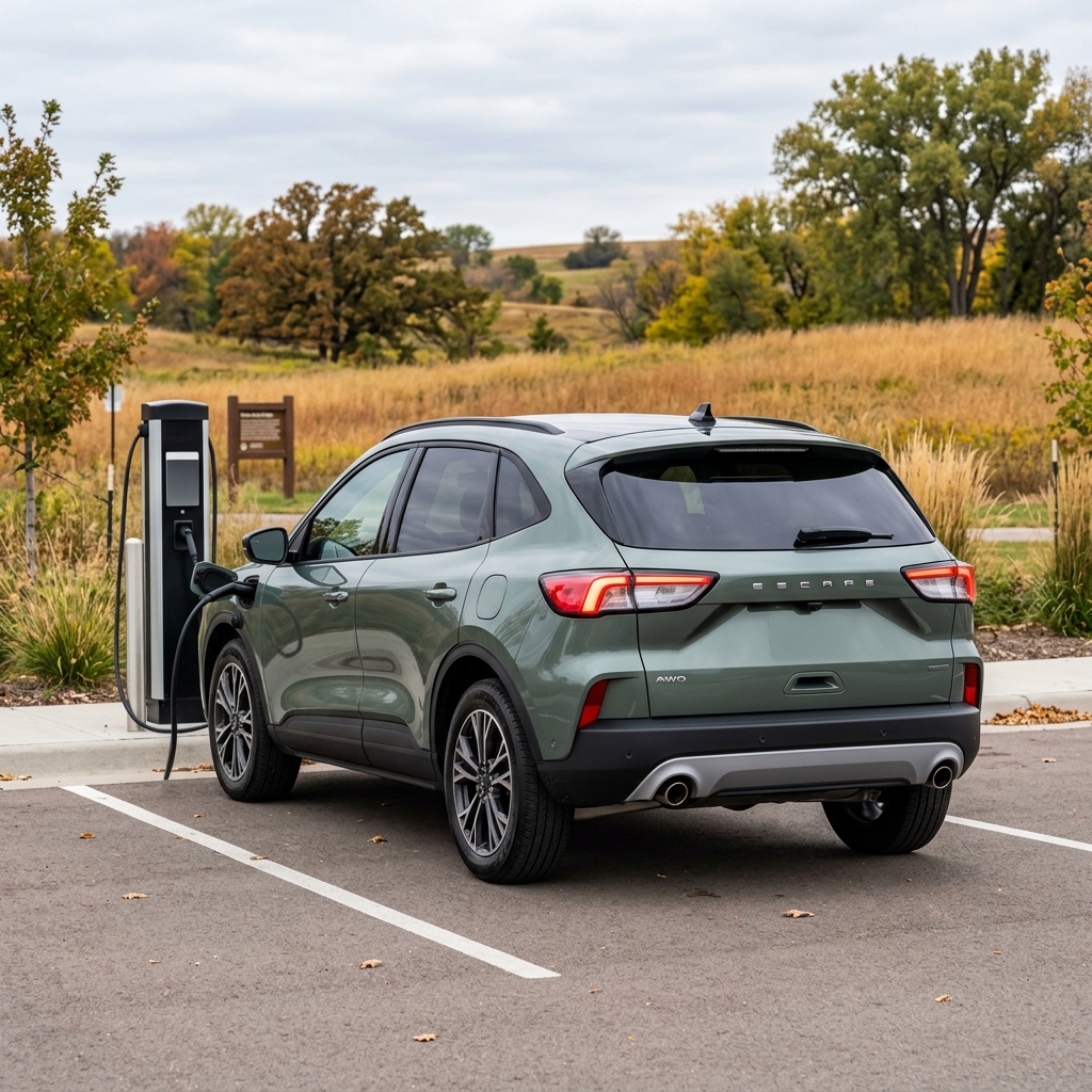 A sage green Ford Escape SUV charging at an outdoor EV charging station in a parking lot. (Representative image for illustration purposes only. Actual vehicle may vary based on trim and configuration.)