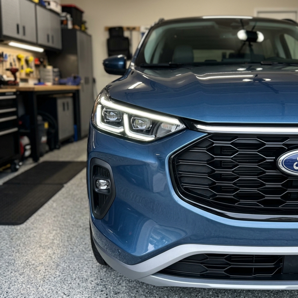 Close-up of a metallic blue Ford SUV headlight and grille parked in a clean workshop garage. (Representative image for illustration purposes only. Actual vehicle may vary based on trim and configuration.)