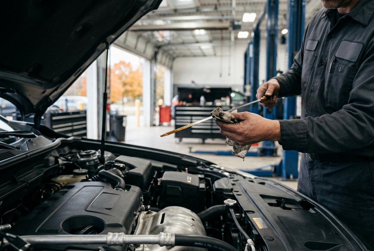Technician checking engine oil in a vehicle engine bay