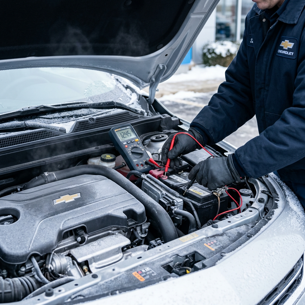 A Chevrolet technician uses a multimeter to test a car battery voltage under the open hood during winter. (Representative image for illustration purposes only. Actual vehicle may vary based on trim and configuration.)
