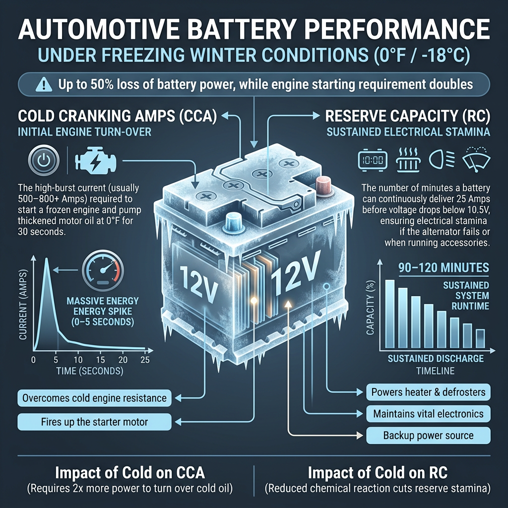 Infographic illustrating automotive battery performance in freezing winter conditions, detailing CCA and Reserve Capacity. (Representative image for illustration purposes only. Actual vehicle may vary based on trim and configuration.)