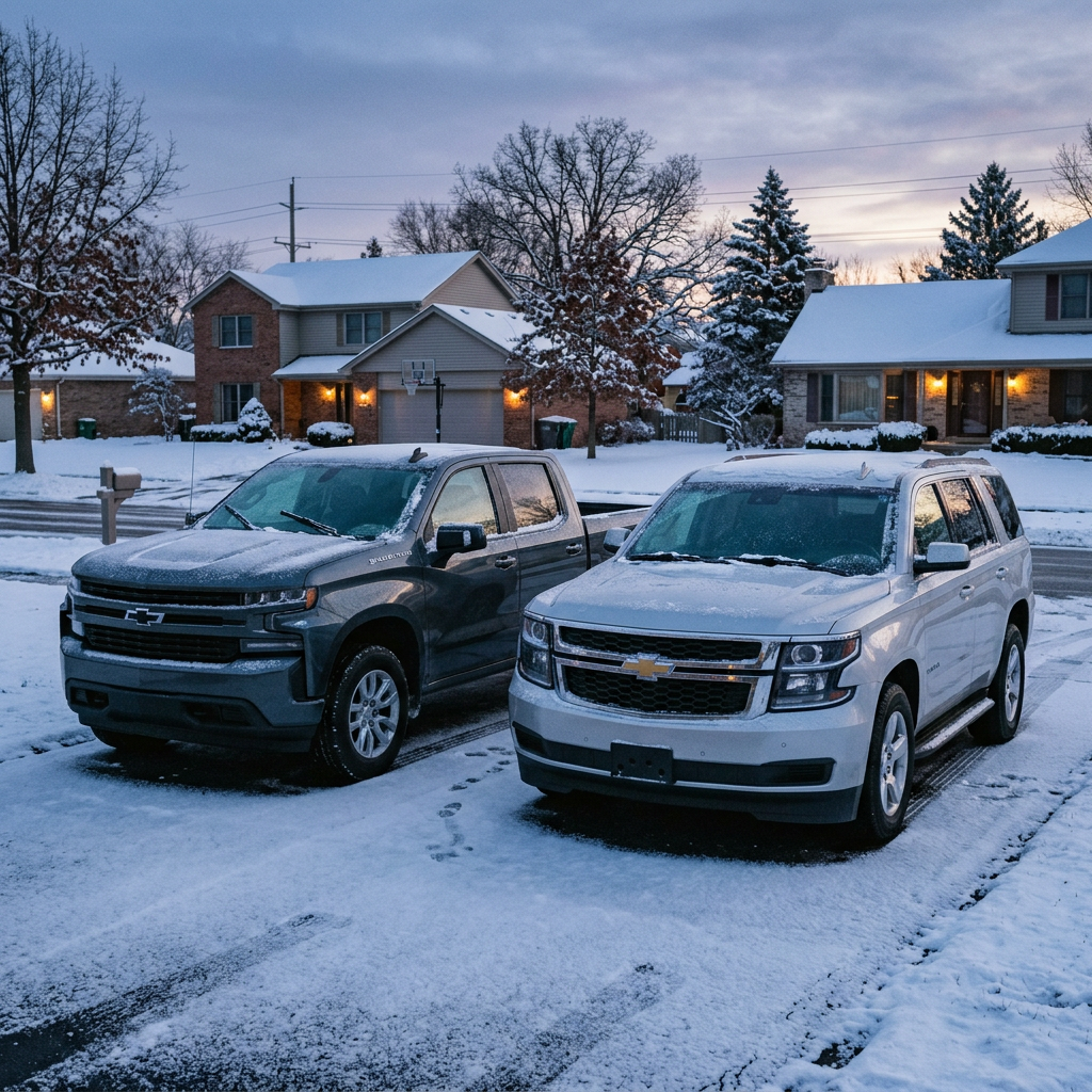 A grey Chevrolet Silverado pickup truck and a silver Chevrolet Tahoe SUV parked on a snowy driveway at dusk. (Representative image for illustration purposes only. Actual vehicle may vary based on trim and configuration.)
