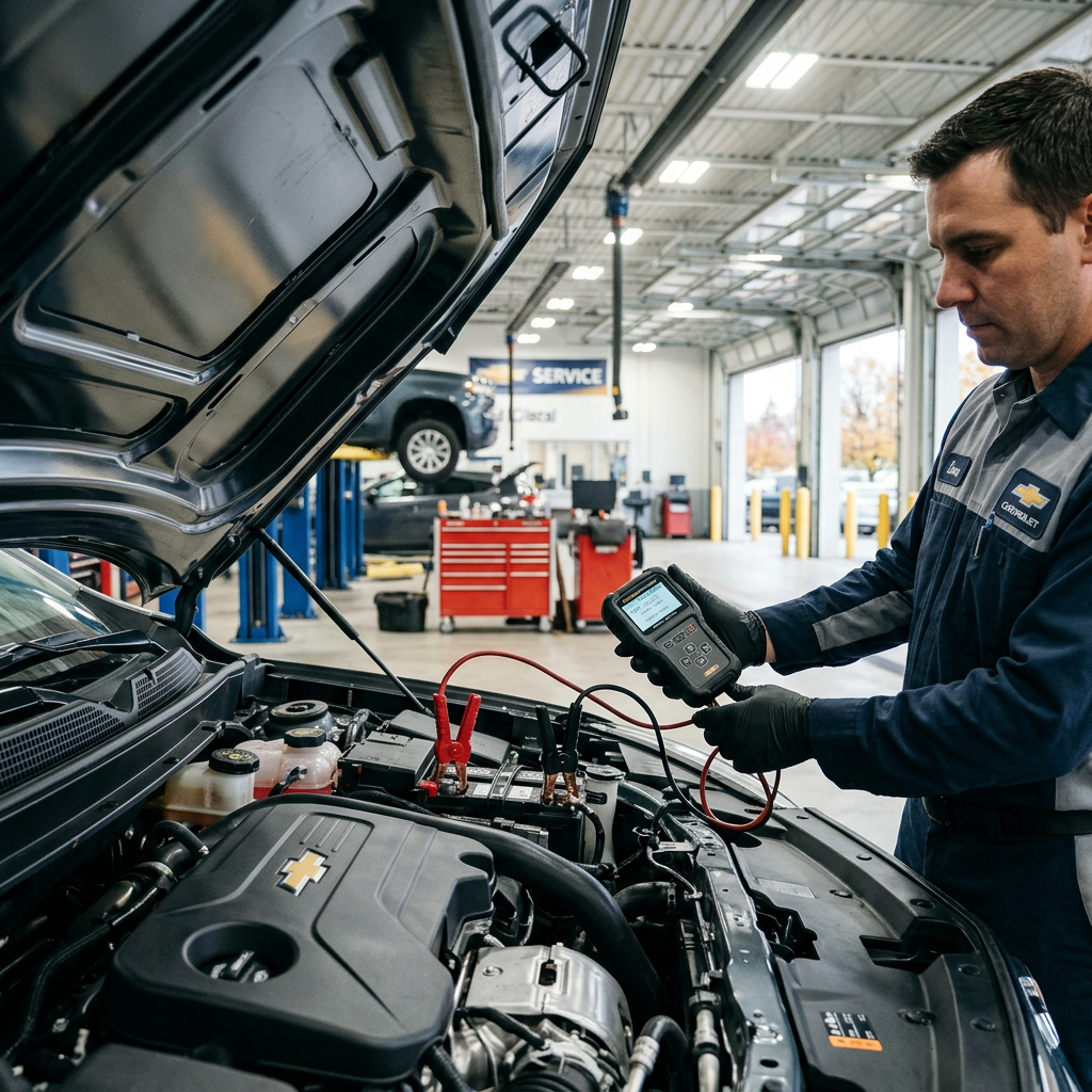 Chevrolet technician using a digital battery tester under the open hood of a car in a service bay. (Representative image for illustration purposes only. Actual vehicle may vary based on trim and configuration.)
