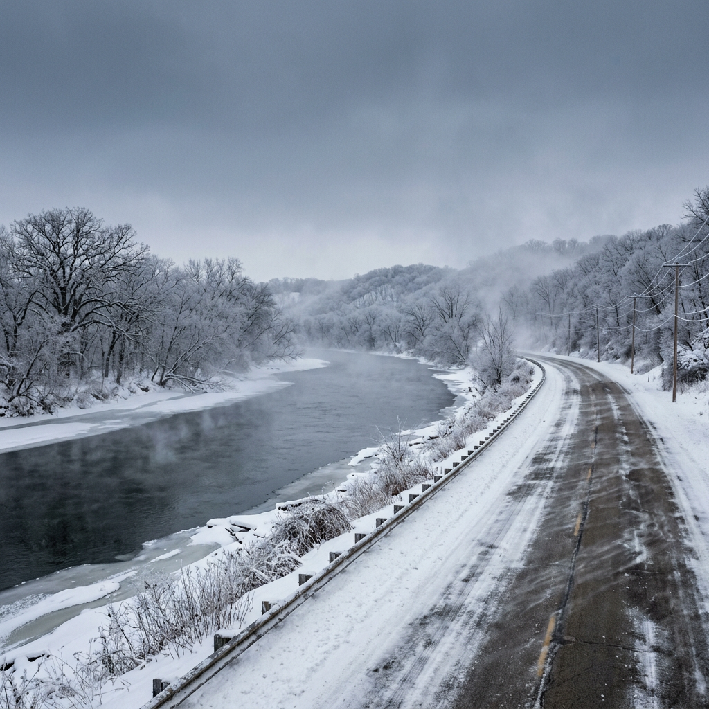 A snow-covered road curves along a misty river lined with frost-draped trees under a gray winter sky. (Representative image for illustration purposes only. Actual vehicle may vary based on trim and configuration.)