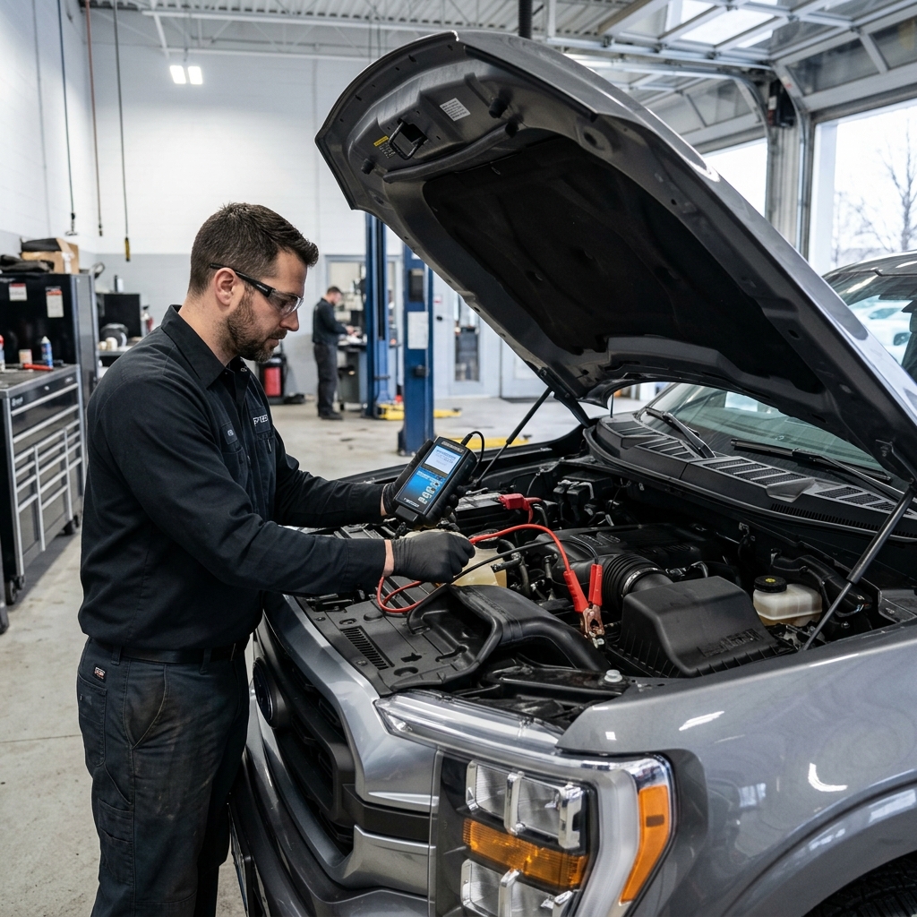 A technician in safety glasses uses a digital diagnostic tool under the hood of a grey pickup truck in a shop. (Representative image for illustration purposes only. Actual vehicle may vary based on trim and configuration.)