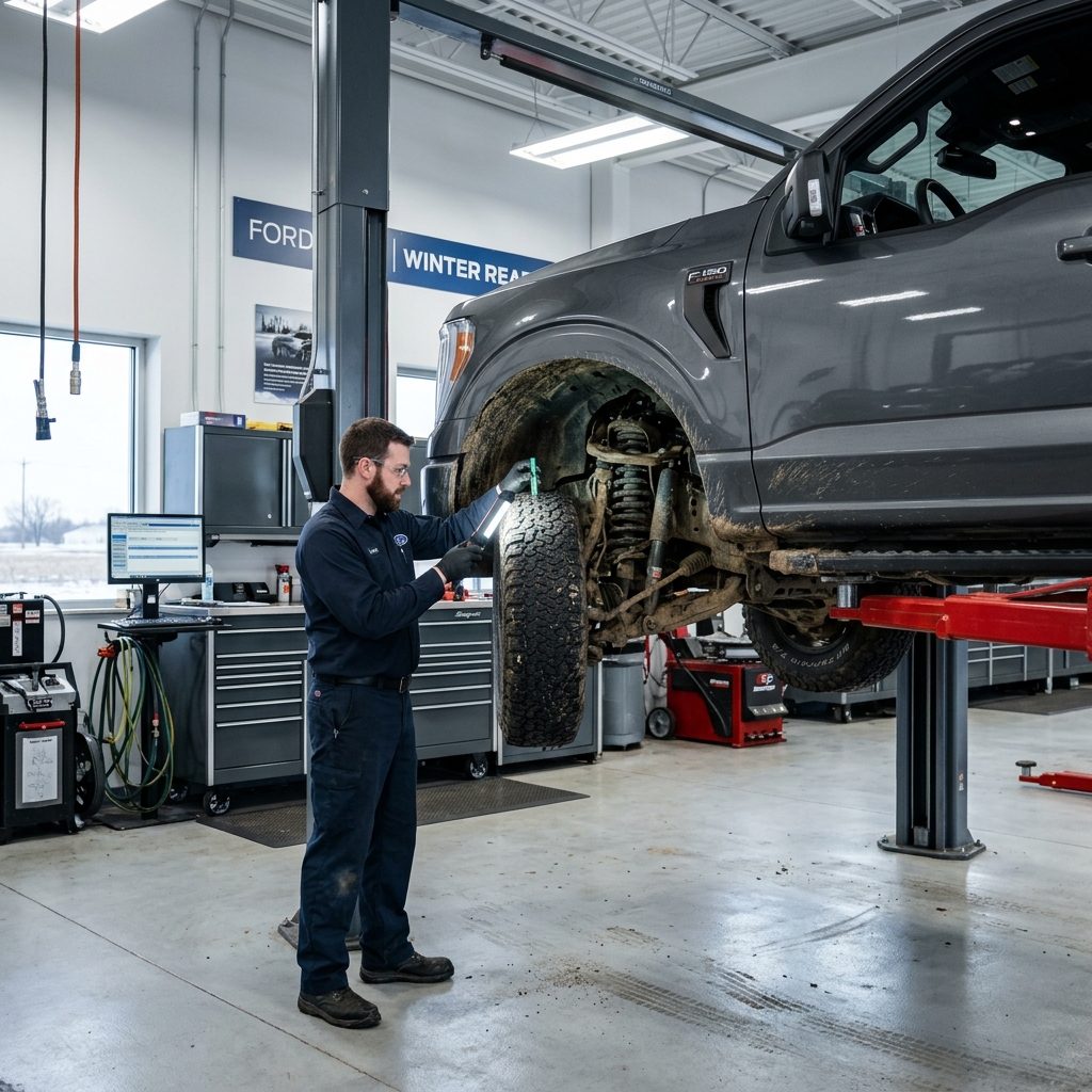 Mechanic measuring tire tread depth on a Ford F-150 truck elevated on a hydraulic lift in a service center. (Representative image for illustration purposes only. Actual vehicle may vary based on trim and configuration.)
