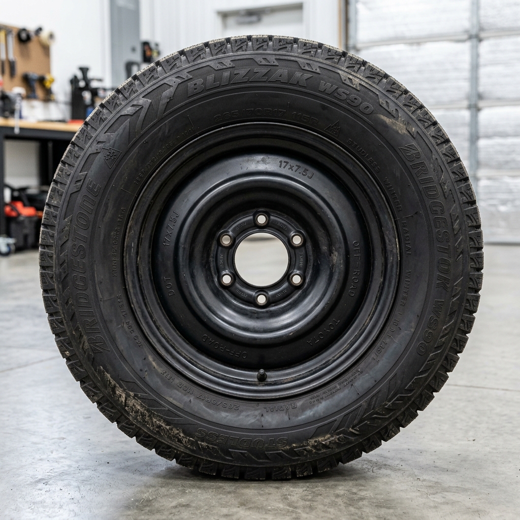 Bridgestone Blizzak WS90 winter tire mounted on a black Toyota steel rim in a garage setting. (Representative image for illustration purposes only. Actual vehicle may vary based on trim and configuration.)