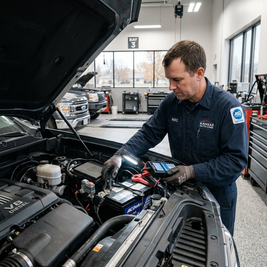 Mechanic wearing gloves using a diagnostic tool on a car battery under the hood in an auto repair shop. (Representative image for illustration purposes only. Actual vehicle may vary based on trim and configuration.)