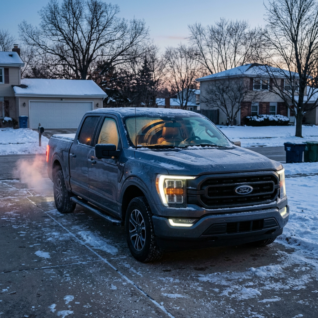 Dark grey Ford F-150 truck running in a snowy residential driveway at twilight with exhaust vapor rising behind it. (Representative image for illustration purposes only. Actual vehicle may vary based on trim and configuration.)