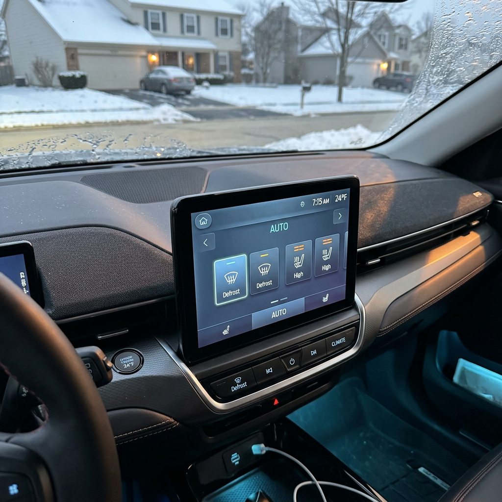 Car touchscreen displaying defrost and seat heater settings on a cold, snowy morning viewed from the driver seat. (Representative image for illustration purposes only. Actual vehicle may vary based on trim and configuration.)