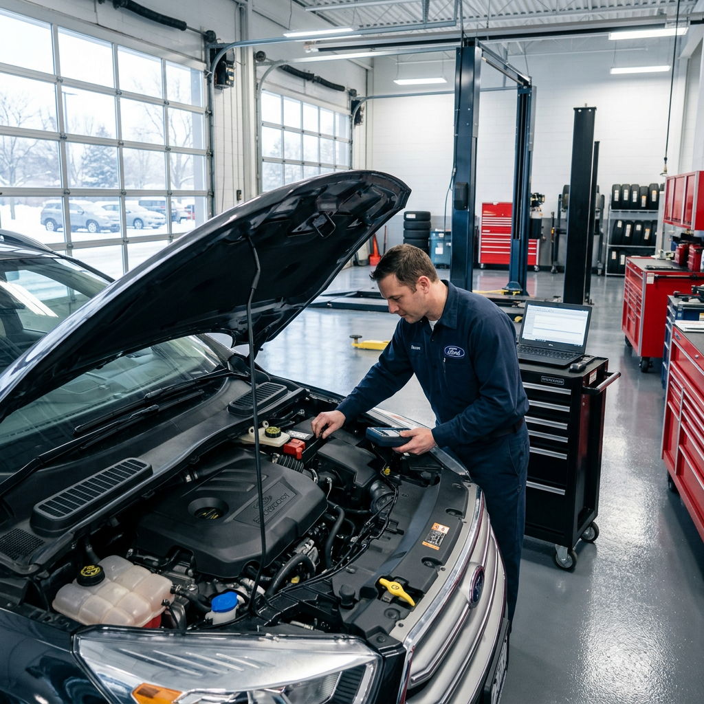 A mechanic in a blue Ford uniform using a diagnostic tool on an open car engine in a modern service garage. (Representative image for illustration purposes only. Actual vehicle may vary based on trim and configuration.)