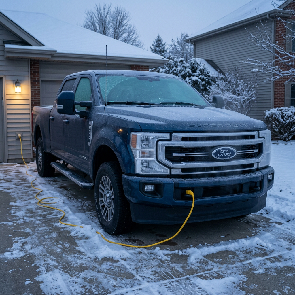 Dark blue Ford Super Duty truck parked on a snowy driveway, plugged into a house outlet with a yellow cord. (Representative image for illustration purposes only. Actual vehicle may vary based on trim and configuration.)