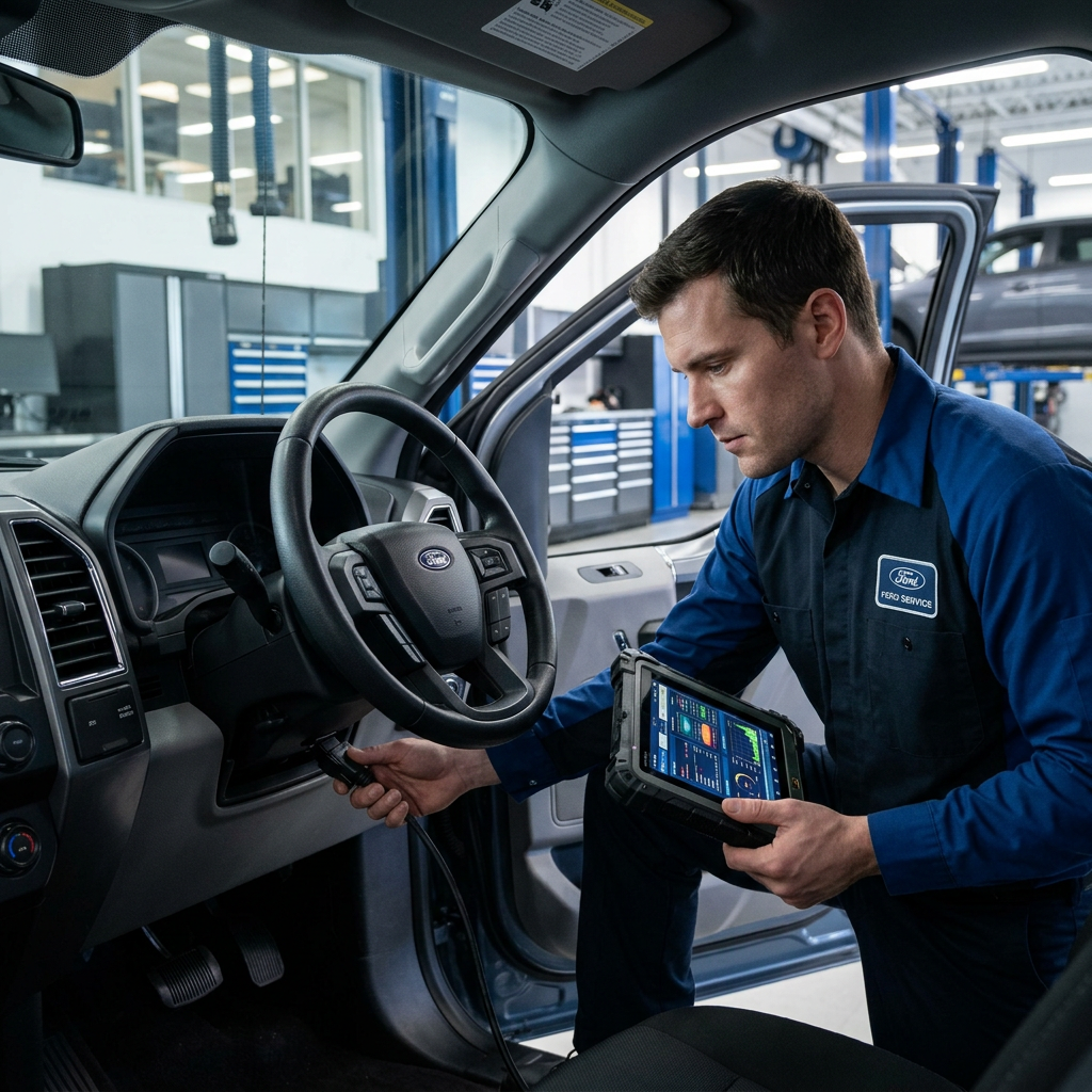 Ford service technician holding a diagnostic tablet while plugging an OBD scanner into a truck's dashboard port. (Representative image for illustration purposes only. Actual vehicle may vary based on trim and configuration.)